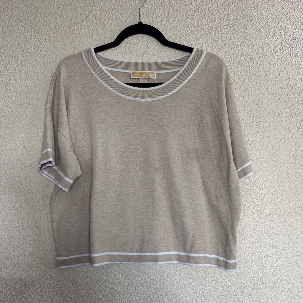 Michael Kors Beige Knit Short Sleeve Top with White Trim